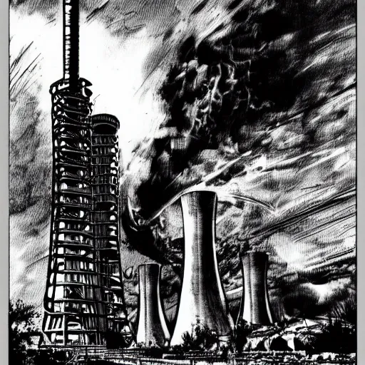 Prompt: nuclear reactor in fallout Kim Jung Gi black and white