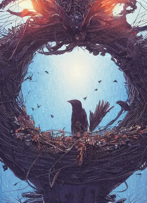 Image similar to crows nest like a head wreath, cruelty, black crows, light effect, hyper detailed, intricate, elegant, highly detailed, digital painting, artstation, concept art, matte, sharp focus, illustration, by dan mumford, yusuke murata, makoto shinkai, ross tran