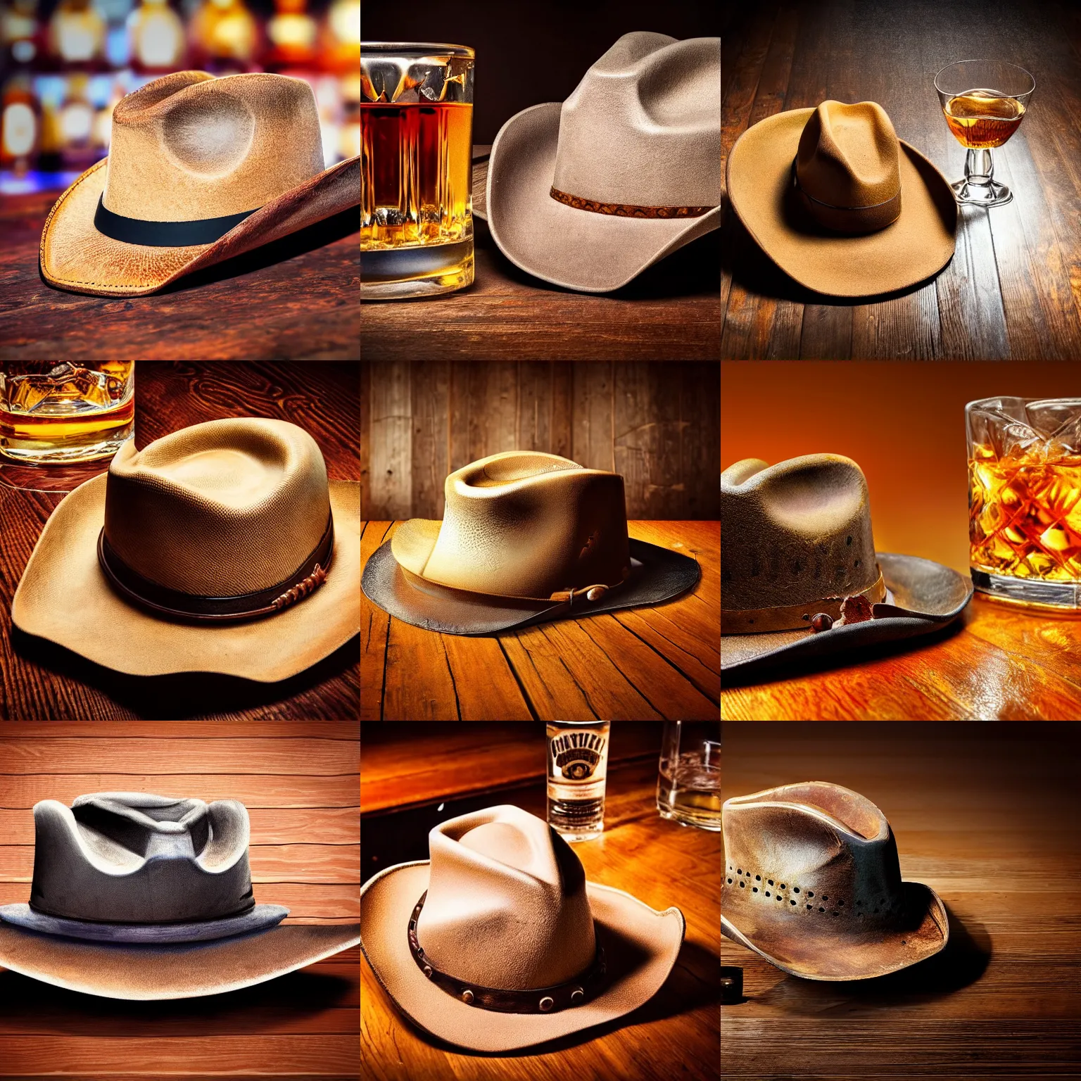 Prompt: old worn cowboy hat besides a glass of whiskey with ice on an oak surface at a bar in a night cafe, warm colors, realistic, extremely high detail, hyperdetailed,