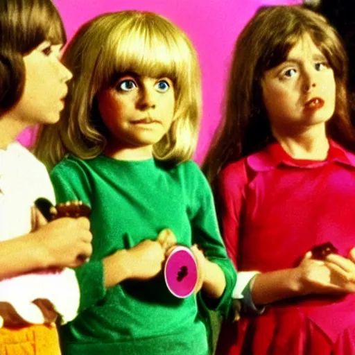 Image similar to still from 1973 live-action children's tv show about a girl who enters an eyeball cult color