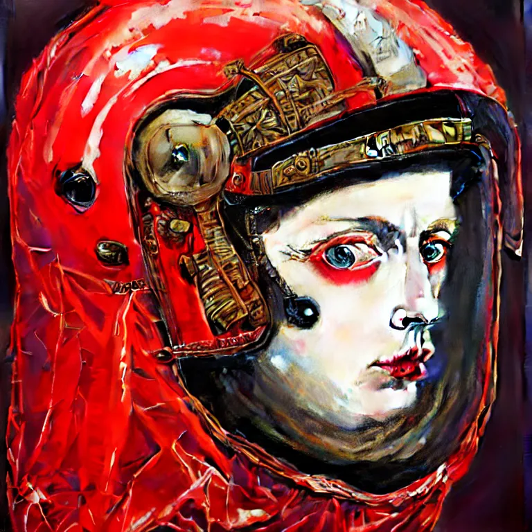 Image similar to portrait of a third reich soldier in ornate motorcycle dirt helmet in a helmet background red plastic bag, circuitboard,, rich deep colors, ultra detail, by francis bacon, james ginn, petra courtright, jenny saville, gerhard richter, zdzisaw beksinsk, takato yamamoto. masterpiece, elegant fashion studio ighting 3 5 mm