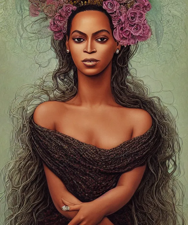 Image similar to facial portrait of Beyonce as a young pretty woman in flowing dress, arrogant, mysterious, long fine flowing hair, delicate, looking at camera, slightly awkward smile, realistic face, no hands visible, intricate, stylish, elegant, grimdark fantasy, flowers, extremely detailed painting by Martine Johanna and Ernst Haeckel and Greg Rutkowski