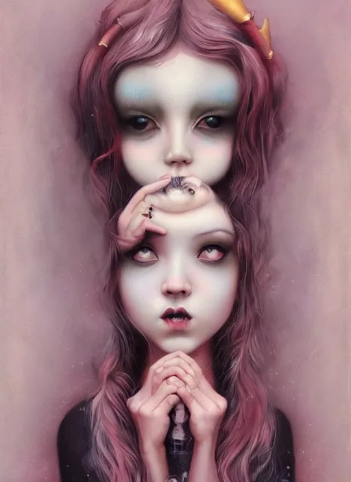 Image similar to pop surrealism, lowbrow art, realistic cute girl painting, japanese street fashion, hyper realism, muted colours, rococo, natalie shau, loreta lux, tom bagshaw, mark ryden, trevor brown style,