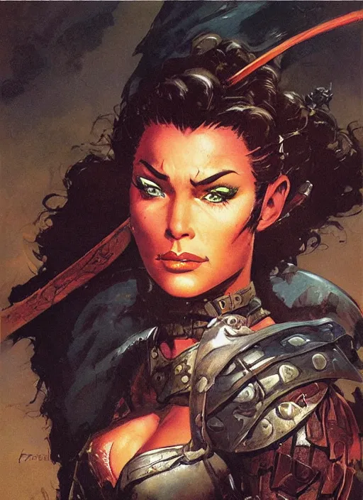 Prompt: portrait of strong female ranger, beautiful! coherent! dungeons and dragons character, by frank frazetta, by brom, strong line, deep color, leather armor, short buzzed hair, high contrast