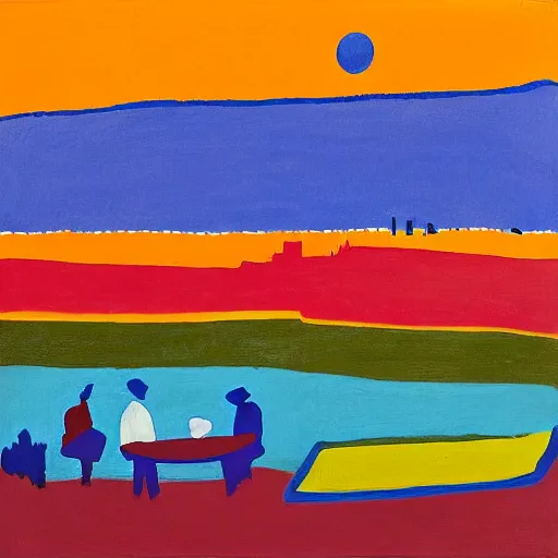 Image similar to fluorescent blue, dark orange by etel adnan daring. the land art shows four people sitting in a diner late at night. the people in the land art look tired & lonely. the land art is set in new york city & shows the city's skyline in the background.