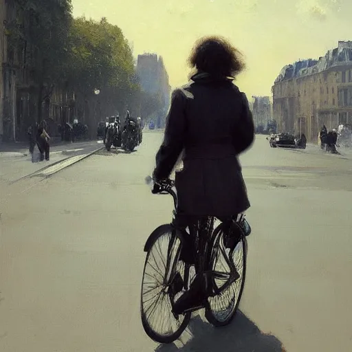 Prompt: young bernedoodle as on a bike in paris. art by greg rutkowski, gustave courbet, rosa bonheur, edward hopper. faithfully depicted, sharp focus, global illumination, radiant light, detailed and intricate environment, trending on artstation
