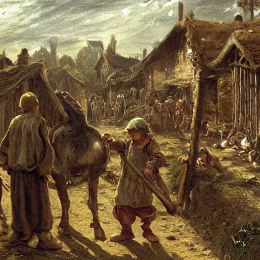 Prompt: jean francois millet as slum neighborhood on lord of the ring, random content position, ultra realistic human face details with emotion, ultra realistic environment contents detail, incrinate, delete duplicated content, rgb color