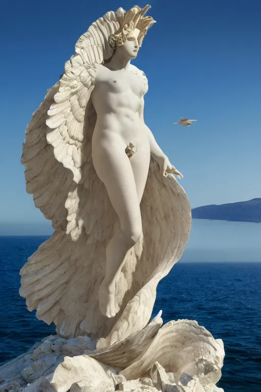 Image similar to Marble Sculpture of The Winged Victory at Samothrace rising out of the sea in a clam shell, photorealistic, volumetric lighting, inspired by The Birth of Venus by Sandro Botticelli, trending on artstation.