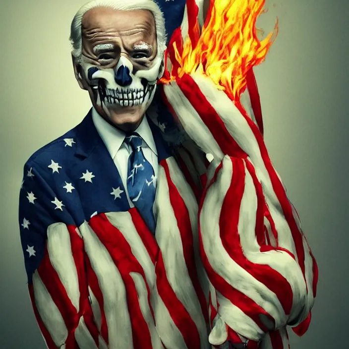 Image similar to PATRIOTIC portrait of joe biden as skeleton. burning distortions. intricate abstract. intricate artwork. by Tooth Wu, wlop, beeple, dan mumford. octane render, trending on artstation, greg rutkowski very coherent symmetrical artwork. cinematic, hyper realism, high detail, octane render, 8k, iridescent accents