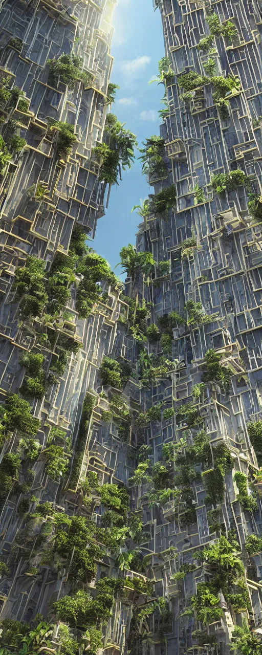 Image similar to solarpunk style, eye level view of a contemporary tower, golden intricate details, stone facade, sacred architecture, hanging gardens, cascading highrise, arid mountains with lush palm forest, photorealistic, sunlight, 8 k, post - production, octane, cgi, sfx