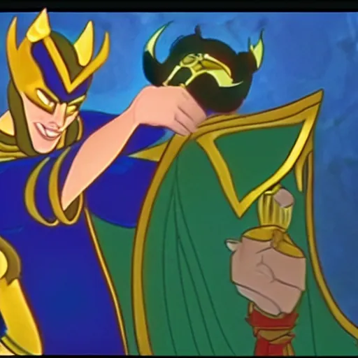 Prompt: Film still, animation frame of the trickster god Loki playing a trick on princess, from the Disney animated film, Valhalla (1996)