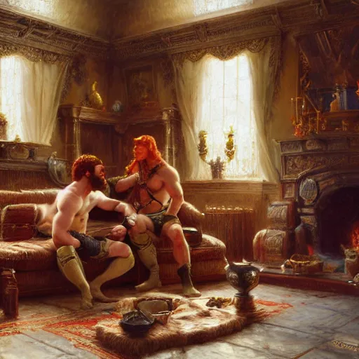 Prompt: attractive muscular mike with ginger hair with attractive tyler with brunet hair, drinking their hearts out, in their noble mansion. image defined to the maximum, highly detailed painting by gaston bussiere, craig mullins 8 k