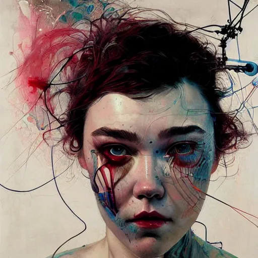 Image similar to florence pugh cyberpunk dreaming, wires cybernetic implants, in the style of adrian ghenie, esao andrews, jenny saville,, surrealism, dark art by james jean, takato yamamoto