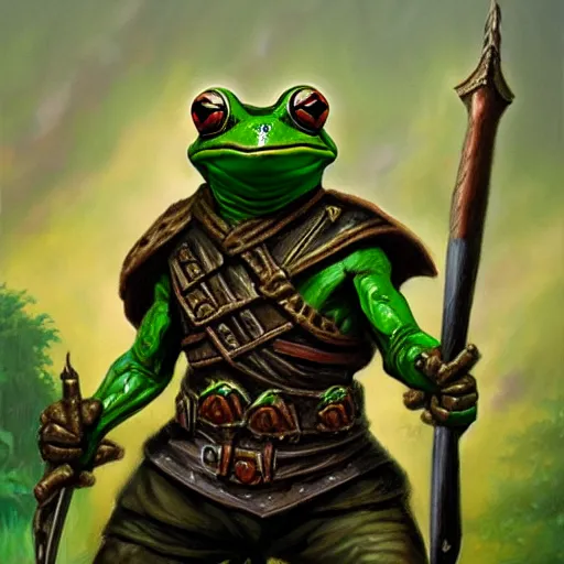 Image similar to oil painting of a frog warrior, in the style of oldschool dungeons & dragons and magic the gathering, promotional character art, highly detailed