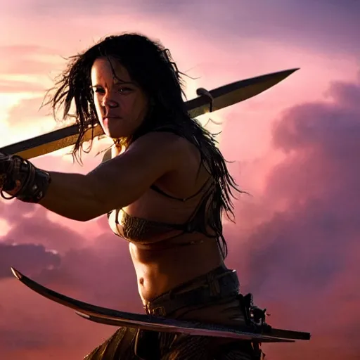 Image similar to Michelle rodriguez as an amazone warrior killing soldiers with her spear, cinematic lighting, high quality 8k hd, oil on canvas, hyperralistic art