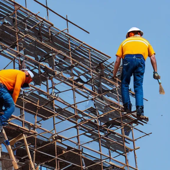 Image similar to two construction workers removing the moon from the sky