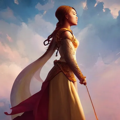 Image similar to princess yuna, posing heroically, heavenly, full body close-up shot, elegant, realistic character concept, high fantasy, light atmosphere, golden ratio, cinematic lighting, hyperdetailed, high resolution, insanely detailed and intricate, artstation, Marc Simonetti, Greg Rutkowski, octane render, 8k