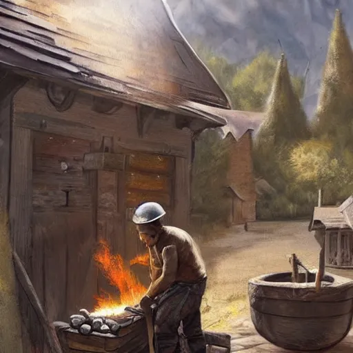 Prompt: blacksmith working in a mining village, fantasy