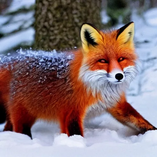 Prompt: very fluffy fox, forest, snowy, photo