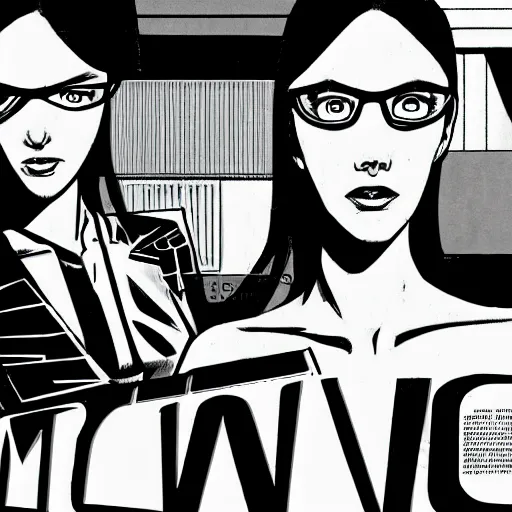 Image similar to twin sister models hacking into the mainframe of the pentagon, in the style of jamie hewlett and riyoko ikeda, black and white, photorealistic, epic, super cool