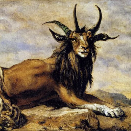 Image similar to half goat, half lion, painting by Eugene Delacroix, highly detailed