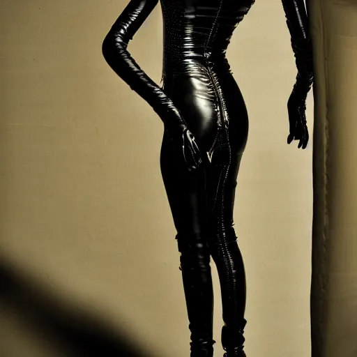 Image similar to fashion photography of an extraterrestrial model, holding a leather whip, wearing demobaza fashion, inside berghain, berlin fashion, harness, futuristic fashion, dark minimal outfit, photo 3 5 mm leica, hyperdetail, berghain, 8 k, very detailed, photo by nick knight