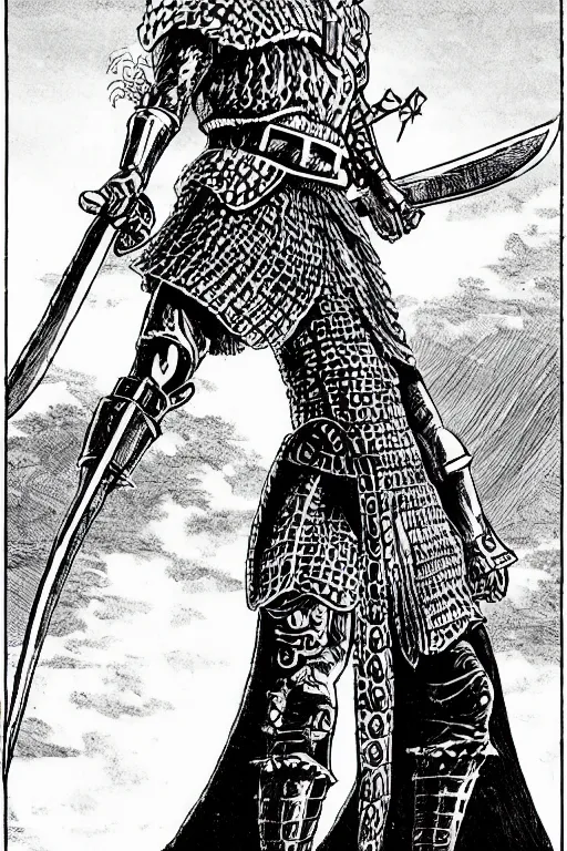 Prompt: abaporu as a giant, behind a feudal castle, guts from berserk staring at her while holds his sword, manga art style, manga page, berserk art style