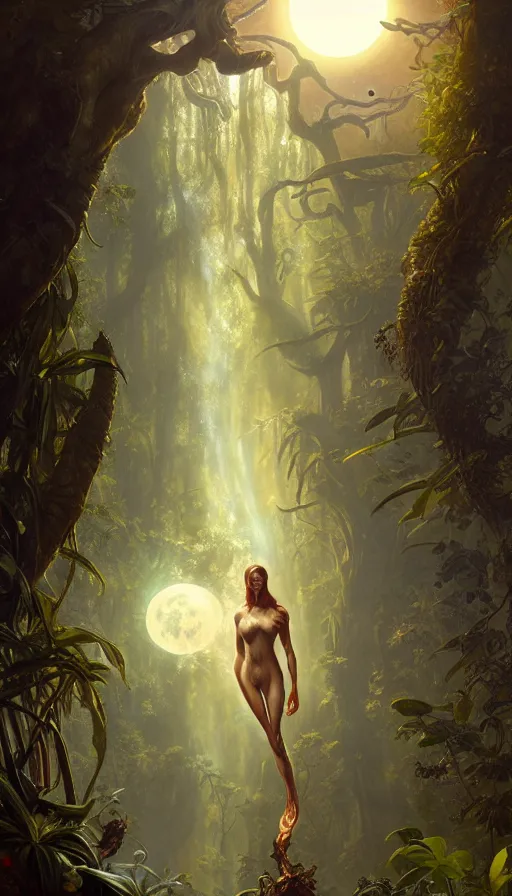 Image similar to hyper realistic alien, lush plants, full moon, light rays, gnarly trees by tom bagshaw, mucha, gaston bussiere, craig mullins, j. c. leyendecker 8 k