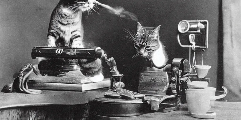 Image similar to a vintage photo from 1890 of a cat smoking a cigar while talking on a rotary phone in a tec support office filled with tools and coffee cups