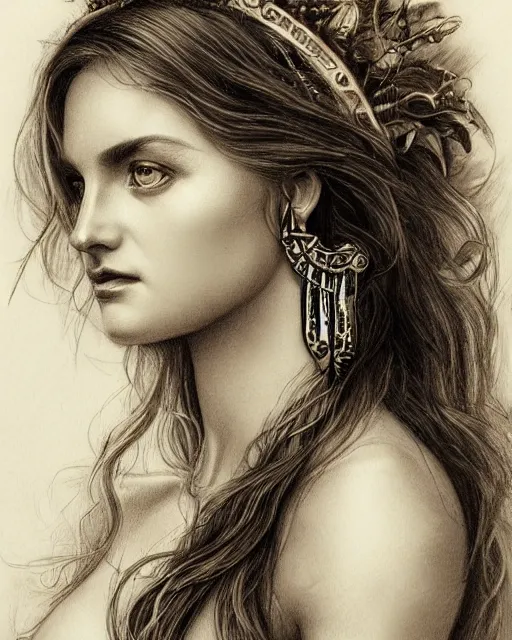 Image similar to pencil drawing of the very beautiful greek goddess aphrodite wearing a laurel wreath with arrowhead earrings, piercing eyes, beautiful flowing hair, hyper realistic face, in the style of greg rutkowski, fantasy, amazing detail, epic, elegant, smooth, sharp focus