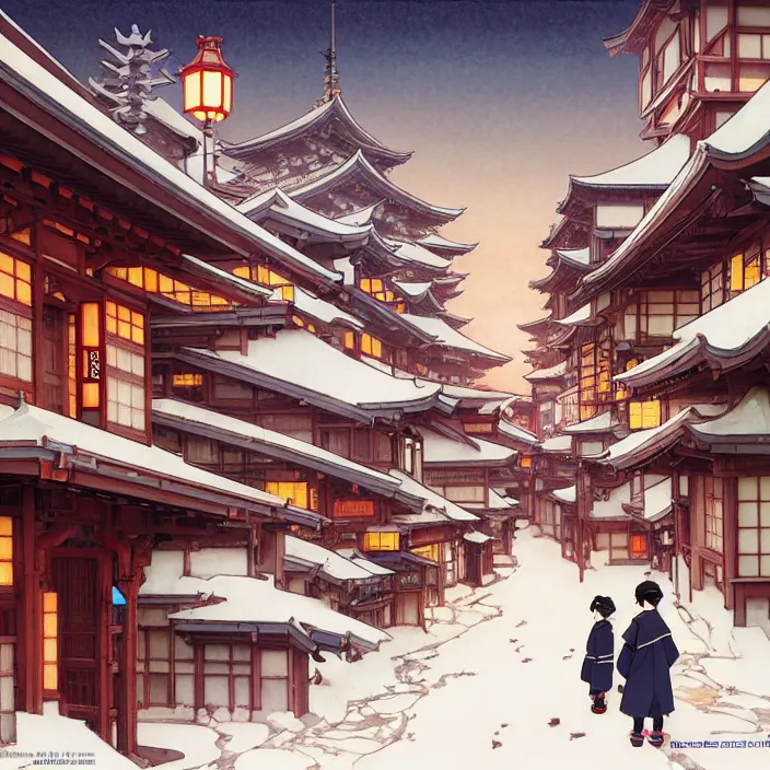 Image similar to japanese city, winter, in the style of studio ghibli, j. c. leyendecker, greg rutkowski, artem