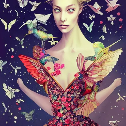 Image similar to beautiful fashion illustration of an enchanting girl wearing an origami dress, hummingbirds, elegant, by esao andrews, by eiko ishioka, givenchy, by peter mohrbacher, centered, floral ornamentic on cloth and hair, detailed beautiful face, high depth of field, fresh colors, vogue, japanese, new yorker, reallusion character creator