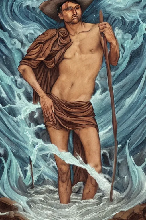 Prompt: a dramatic, epic, ethereal tarot painting of a handsome!! brown shirtless cowboy!! | background is a torrential flooding river | tarot card, art deco, art nouveau | by Mark Maggiori | trending on artstation