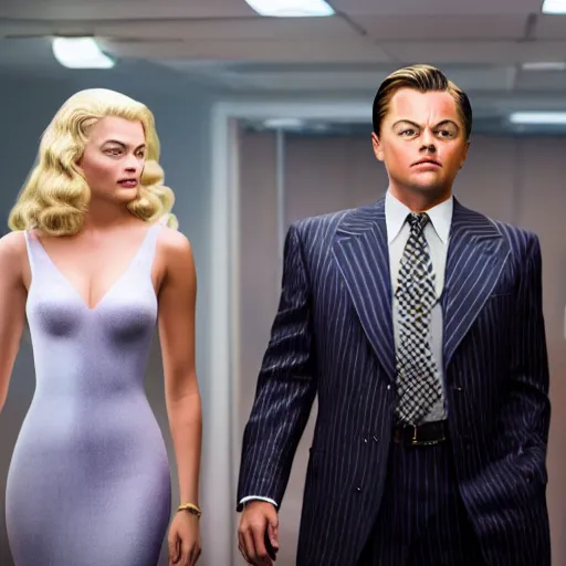 Prompt: leonardo dicaprio as the wolf of wall street next to margot robbie as naomi from the wolf of wall street, hyper realistic faces, cinematic, long shot, hyper detailed, 8 5 mm photograph, 8 k resolution, film still, sharp lens, wide lens