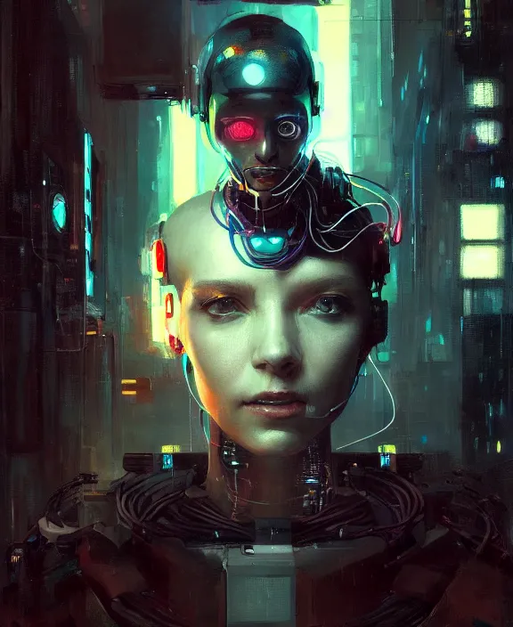 Image similar to portrait of cute robot cyborg woman, wires, neon lights, striking eyes, cyberpunk, highly detailed painting by jeremy mann and cd projekt red