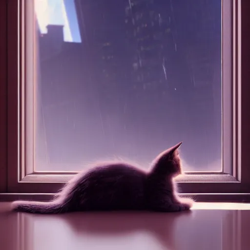 Image similar to Big european shorthair cat and small fluffy kitten, napes, in the apartment room looking to window in a cyberpunk city, soft god rays from city lights outside the window, unreal engine 5, soft neon atmosphere, photorealistic, soothing colors, somber melancholic matte painting, hyperrealism, hyperrealistic, cinematic masterpiece, cyberpunk style 8k ultrahd octane render