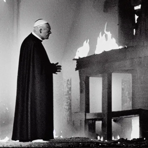 Image similar to john paul ii standing in a burning protestant church, night, pitch black