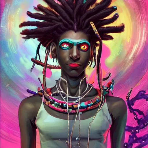 Image similar to dreads - cyberpunk deities and their creations, gods and men, manifesting dreams with kemetic magic in a modern world | hyperrealistic digital painting | by makoto shinkai, ilya kuvshinov, lois van baarle, rossdraws, basquiat | afrofuturism, in the style of surrealism, trending on artstation | dark color scheme