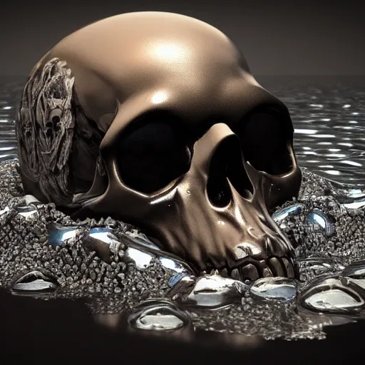 Image similar to obsidian skull surrounded by dark water with floating flower petals, octane render, trending on artstation