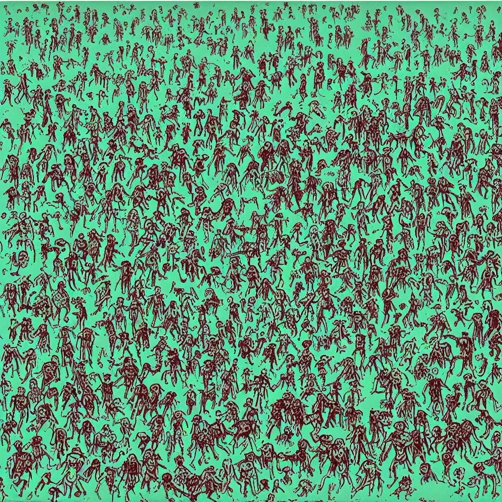 Image similar to risograph of zombies in a field, minimalist,