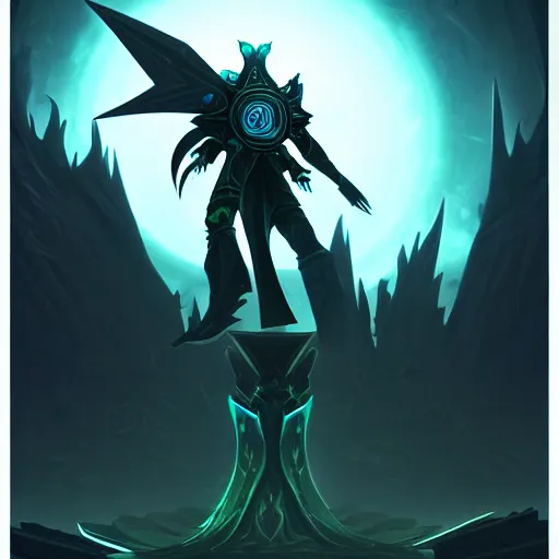 Image similar to The blade of the ruined king, digital illustration, futuristic statues, glow in the dark, ethereal, the void, ominous background, very detailed, stylized, concept art, trending on artstation, high definition, by Riot Games, League of legends