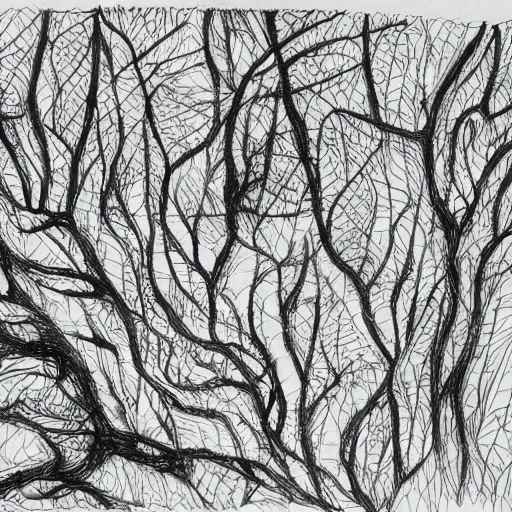 Image similar to forest, detailed intricate sketch, 4k, illustration, cross hatched, black ink on white paper