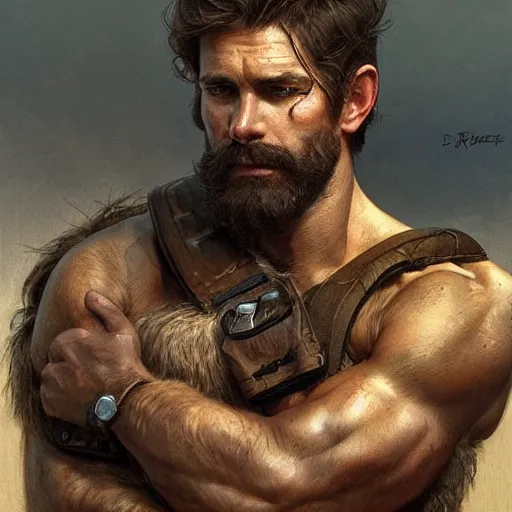 Image similar to portrait of a rugged ranger, muscular, upper body, hairy torso, D&D, fantasy, intricate, elegant, highly detailed, digital painting, artstation, concept art, matte, sharp focus, illustration, art by Artgerm and Greg Rutkowski and Alphonse Mucha