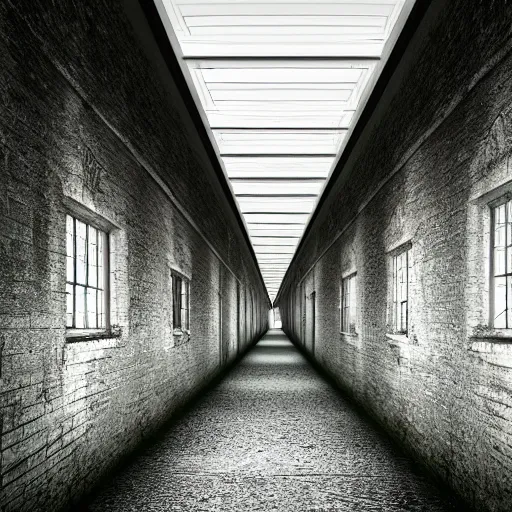 Image similar to a long asylum hallway, one point perspective, vanishing point, symmetrical composition, by lee madgwick, photorealistic, lumion render - w 1 0 2 4