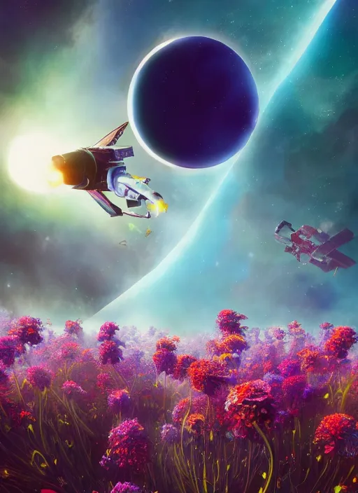 Image similar to An epic fantastic realism comic book style painting of the most beautiful flowers launched into space, bouquets, solar eclipse, fisheye, unreal 5, DAZ, hyperrealistic, octane render, dynamic lighting