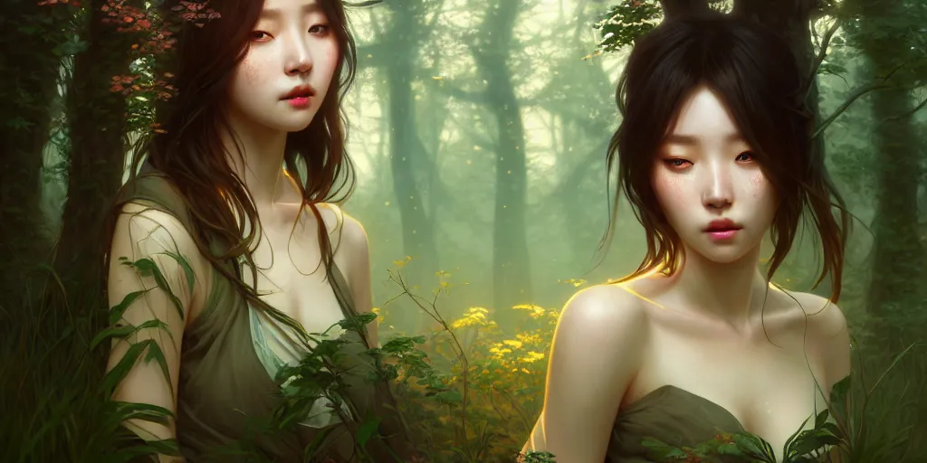 Image similar to beautiful digital painting of a hoyeon jung stylish female forest night with high detail, real life skin, freckles, 8 k, stunning detail, lights, shadows, volumetric lighting, works by artgerm, greg rutkowski and alphonse mucha, unreal engine 5, 4 k uhd