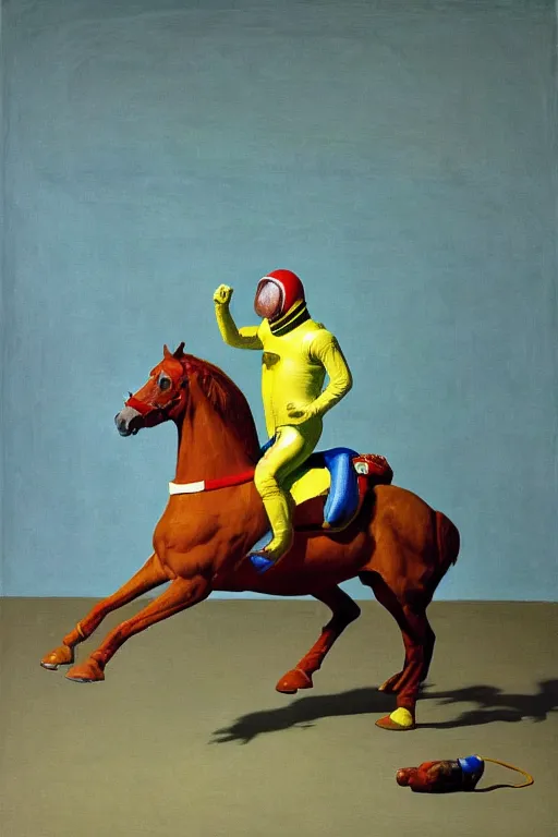 Prompt: man in horse costume, horse in costume astronaut, racing on astronauts, hauntingly surreal, highly detailed painting by francis bacon, edward hopper, adrian ghenie, gerhard richter, and james jean soft light 4 k,