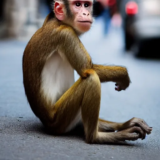 Prompt: candid portrait of a monkey in the street wearing girl's outfit, realistic, sharp focus