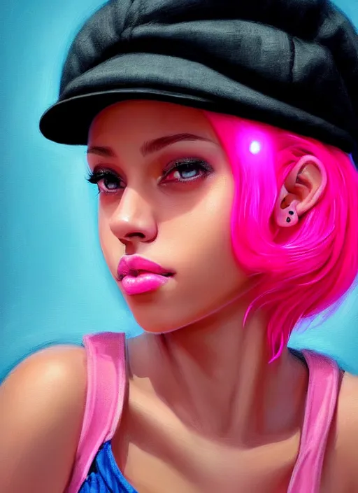 Image similar to portrait of teenage vanessa morgan with bright pink hair, black girl, curly pixie cut hair, wearing newsboy cap, pink short haircut, newsboy cap, hoop earrings, blue eyes, intricate, elegant, glowing lights, highly detailed, digital painting, artstation, concept art, smooth, sharp focus, illustration, art by wlop, mars ravelo and greg rutkowski