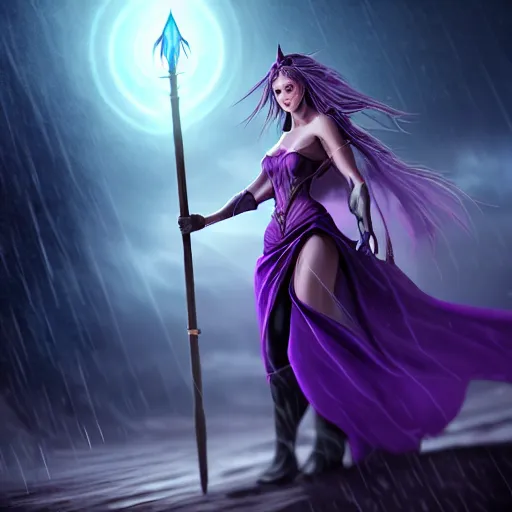 Image similar to a woman in a purple dress holding a staff and dark magic, storm and rain behind her, action scene, magical concept art, artstation contest winner, fantasy art, dark and mysterious, artstation hd, 1 2 0 mm lens, hero pose, detailed, 8 k, digital art